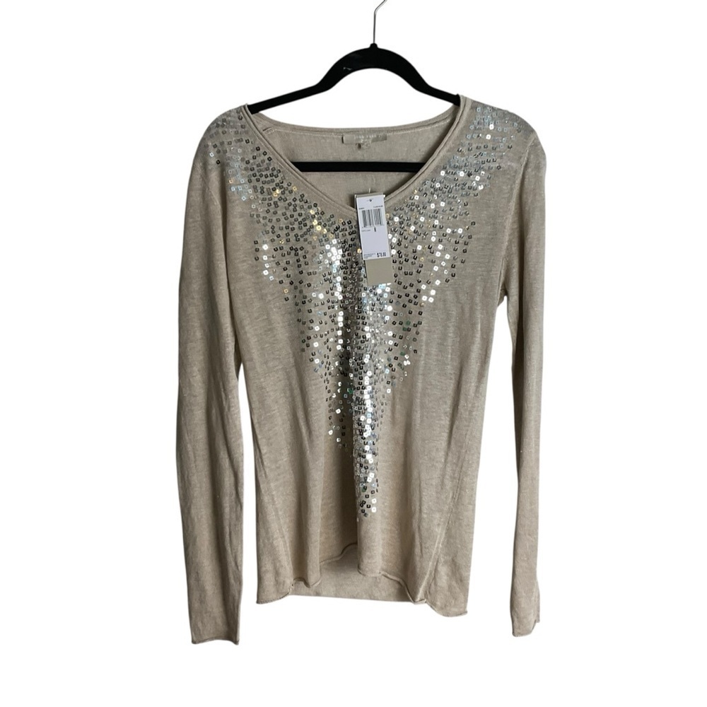 Joan Vass Tan Sequin Long Sleeve Blouse
